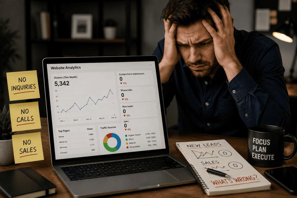 Does Your Website Need a Redesign? 9 Signs It’s Costing You Customers Frustrated business owner reviewing website analytics showing high traffic but low conversions and no customer inquiries.
