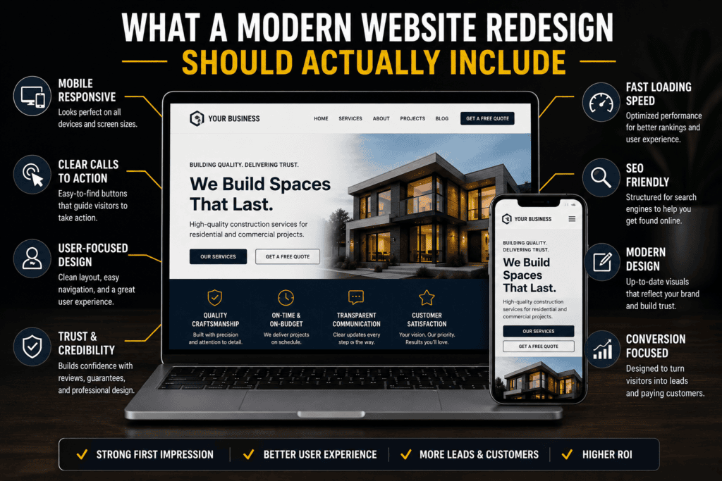 Does Your Website Need a Redesign? 9 Signs It’s Costing You Customers Modern website redesign infographic showing mobile responsive design, SEO, fast loading speed, and conversion focused features.