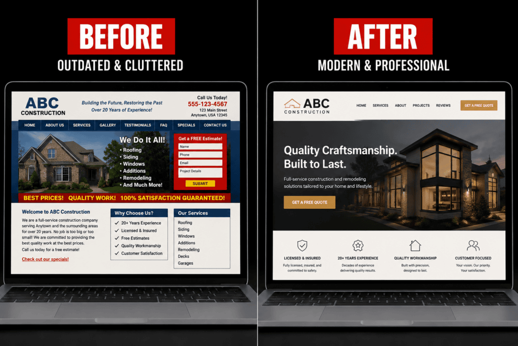 Does Your Website Need a Redesign? 9 Signs It’s Costing You Customers Side by side comparison of an outdated cluttered website versus a modern professional website redesign on laptop screens.