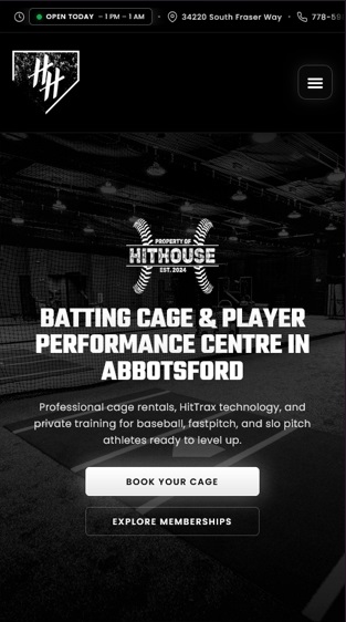 Mobile sports facility website with clear booking button and batting cage training homepage