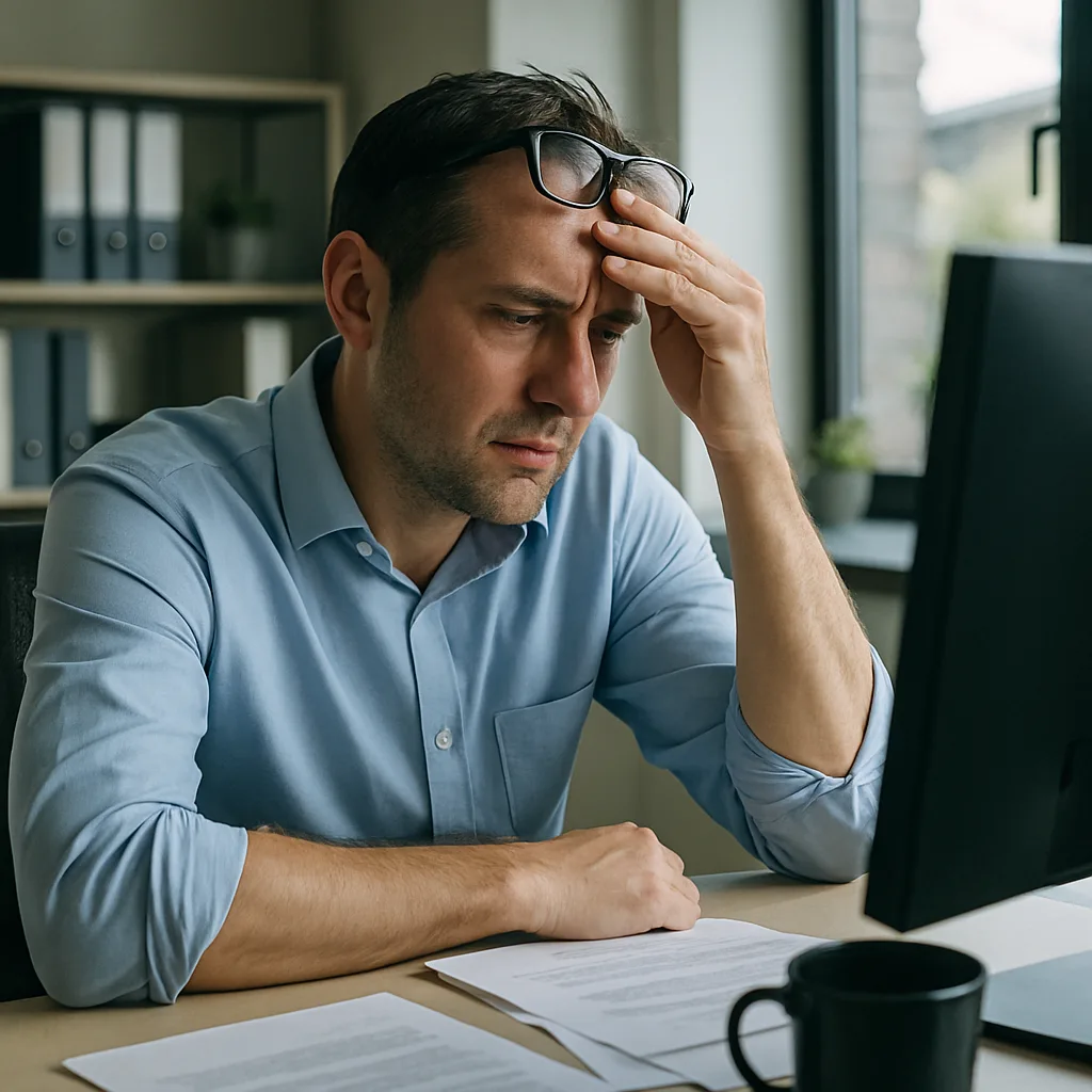 Frustrated business owner staring at his screen after weeks of silence from a web developer