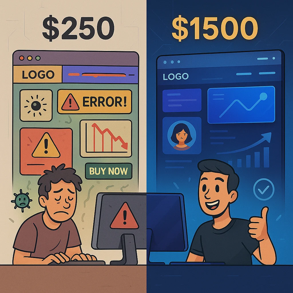 Side-by-side comparison of a cheap $250 website filled with errors and a professional $1500 website with modern design and happy user.