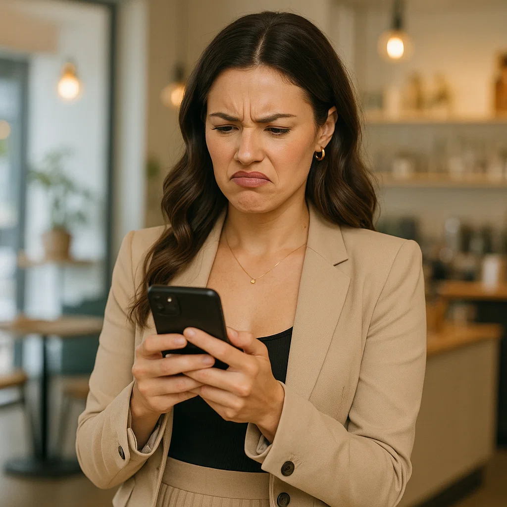 Responsive Website Services That Convert Visitors Into Clients Frustrated woman looking at her phone, annoyed by a broken or hard-to-use mobile website.