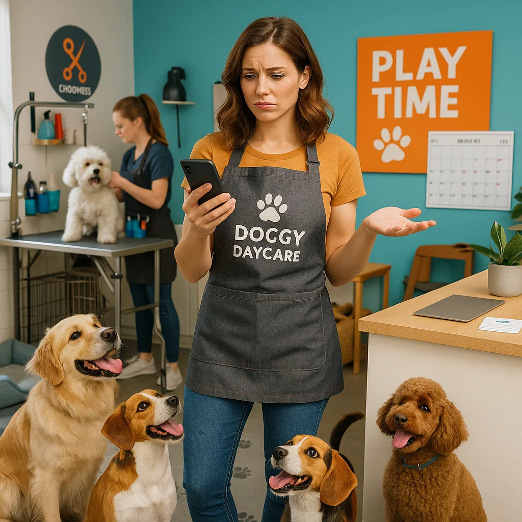 Confused young woman running a doggy daycare, looking at her smartphone while surrounded by happy dogs, thinking to herself, How Much Does It Cost to Build a Good Website?