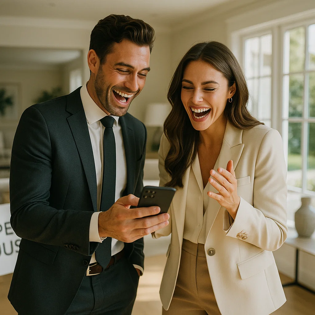 Responsive Website Services That Convert Visitors Into Clients Two excited real estate business owners celebrating while looking at a phone — success moment after improving their website's mobile version