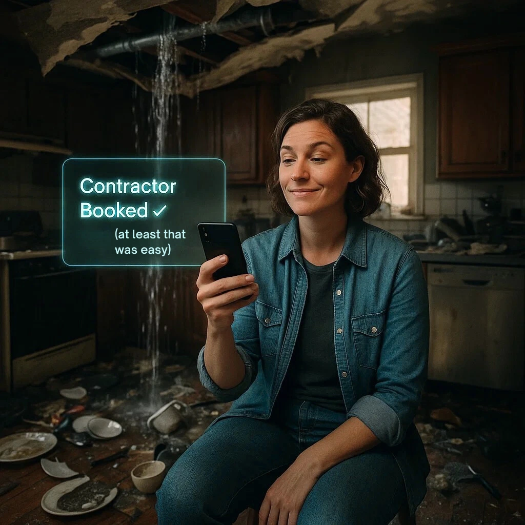 Woman booking help on phone in disaster kitchen — metaphor for needing responsive website services