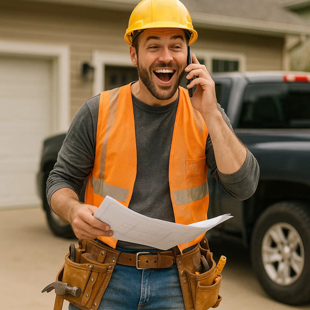 Websites for Contractors That Actually Bring in Jobs Smiling construction worker wearing a hard hat and safety vest, talking on the phone while holding blueprints, standing next to a black pickup truck.