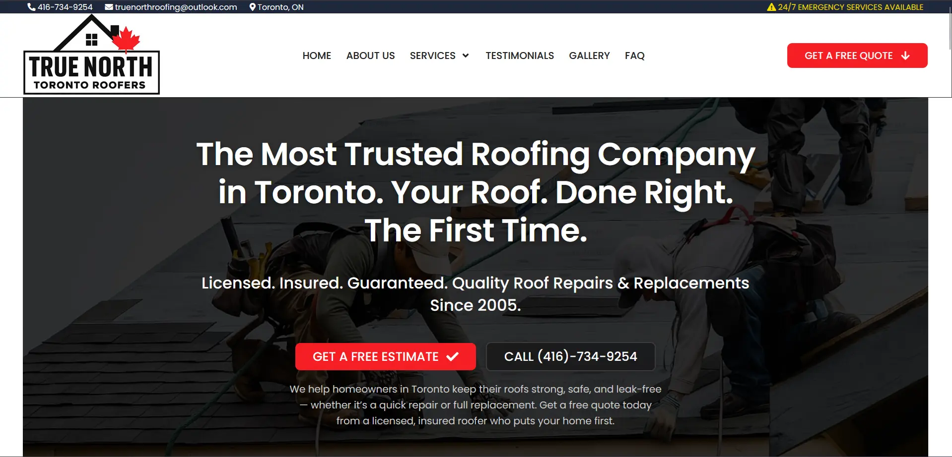 Website hero section mockup for a Toronto roofing company showcasing modern design, bold headlines, and call-to-action buttons — perfect for websites for contractors.