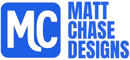 Matt Chase Designs - "Website Designer & Developer in Vancouver WA" logo with stylized initials MC in a blue neon glow
