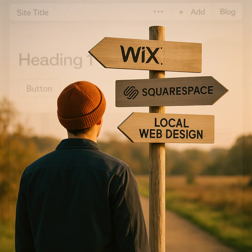 Person standing at a signpost with arrows pointing to Wix, Squarespace, and Local Web Design options.