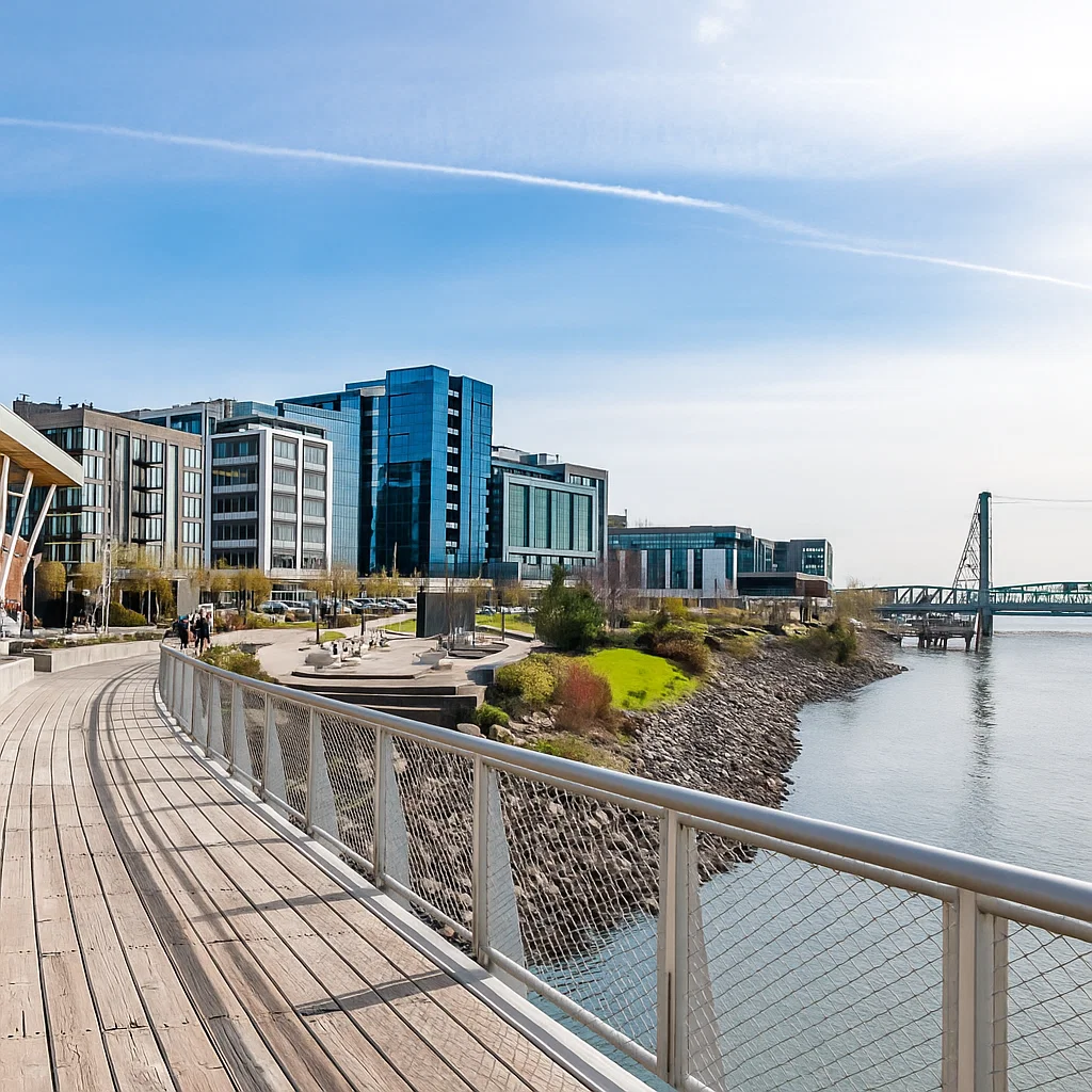 Modern office buildings and boardwalk along the Vancouver WA waterfront on a clear day