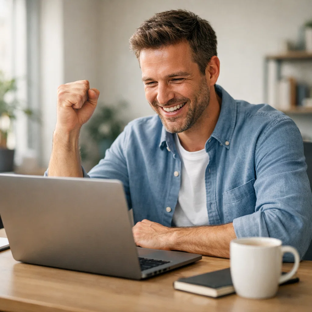Business owner in office cheering while looking at laptop