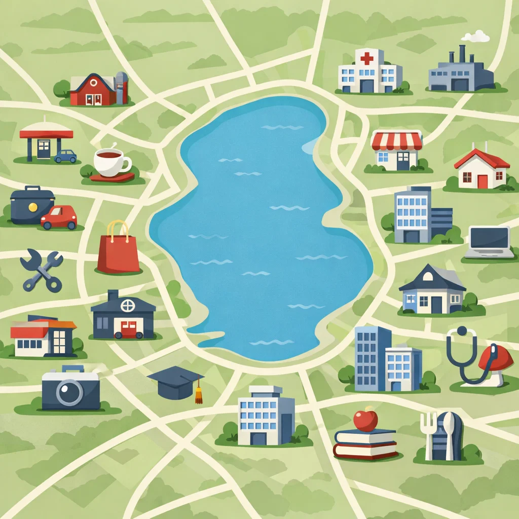 Illustrated map showing different types of local businesses around a lake