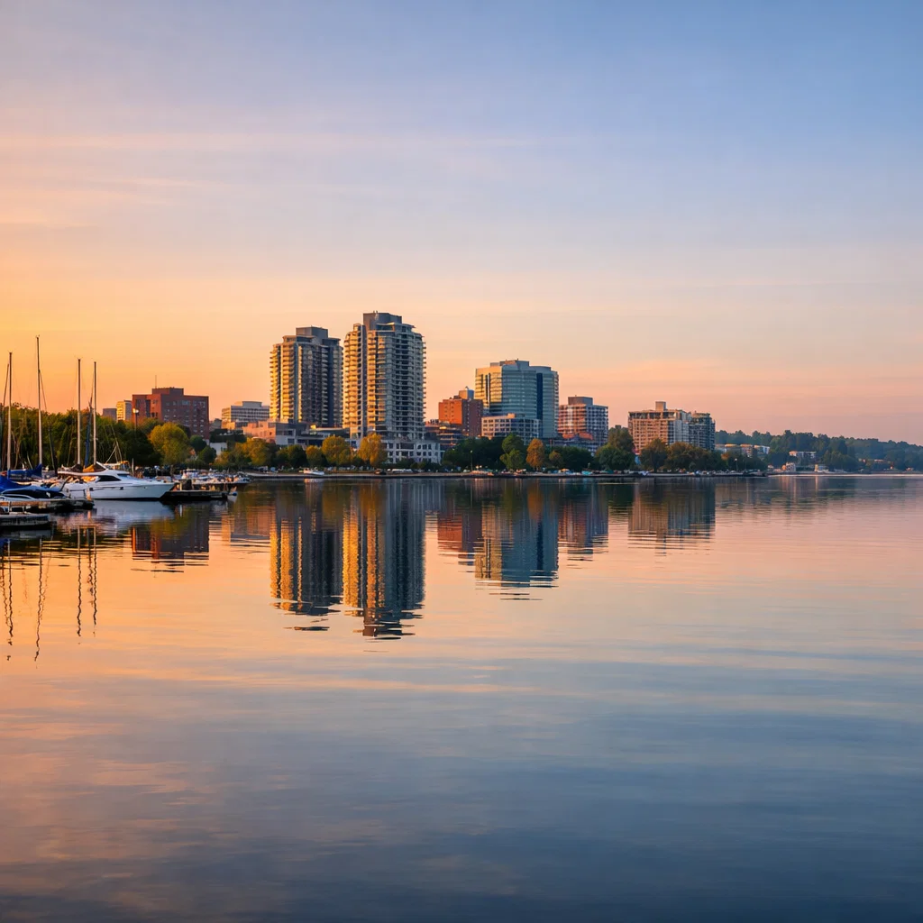 Home Barrie Ontario waterfront skyline at sunset with marina