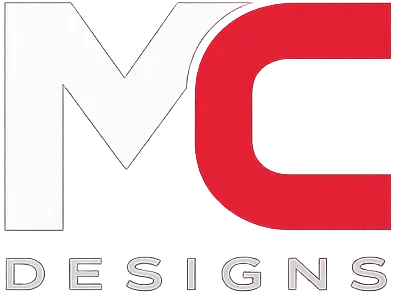 MC Designs logo with white M and red C on black background