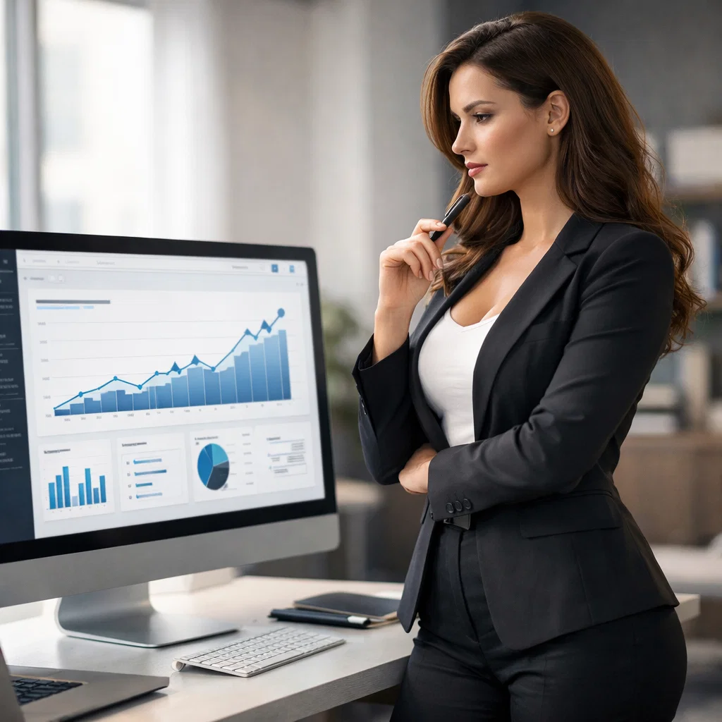 Confident businesswoman reviewing website analytics and conversion growth on desktop monitor