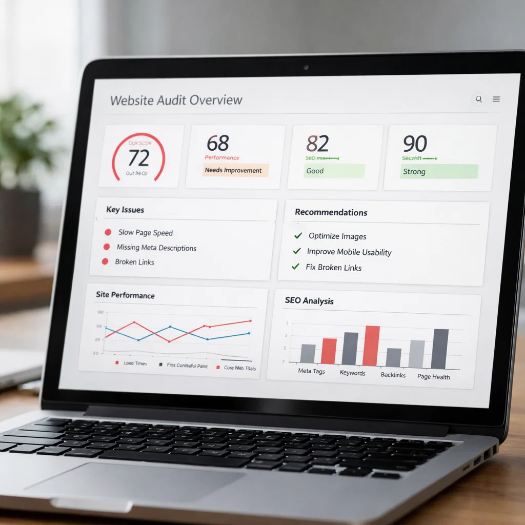 How to Build a Website in 2026 for My Business That Actually Gets Customers Website audit analysis displayed on laptop showing performance improvements