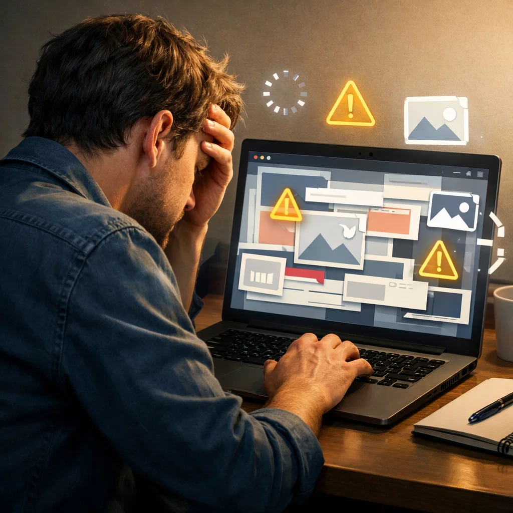 Wix vs Squarespace Website Builders for Small Businesses: Which Is Best? Frustrated small business owner struggling with a DIY website builder