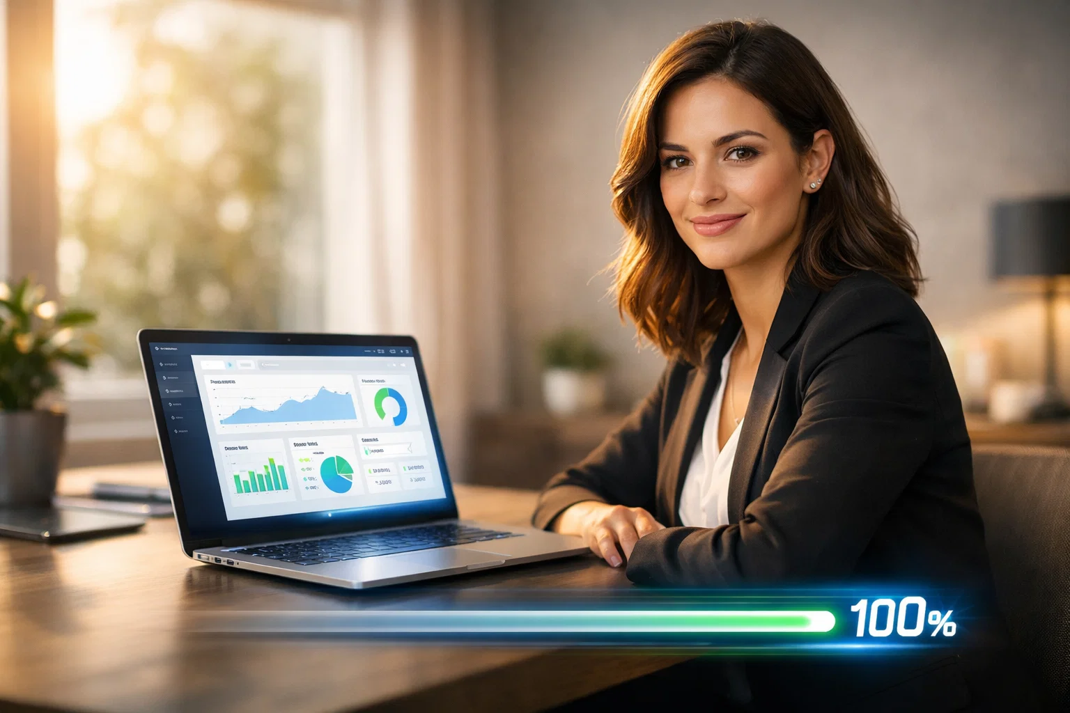 Professional businesswoman reviewing fast website analytics dashboard with 100 percent load speed indicator