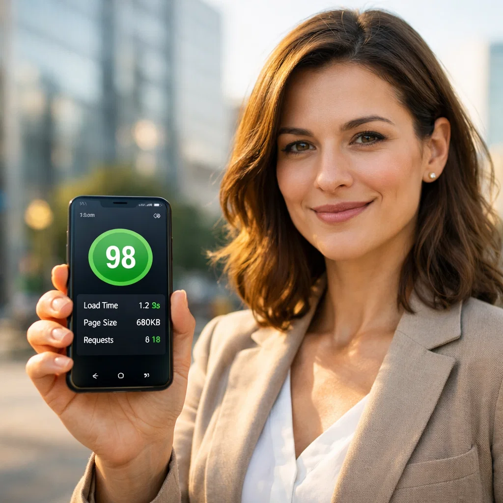 Business owner checking mobile website speed test results on smartphone