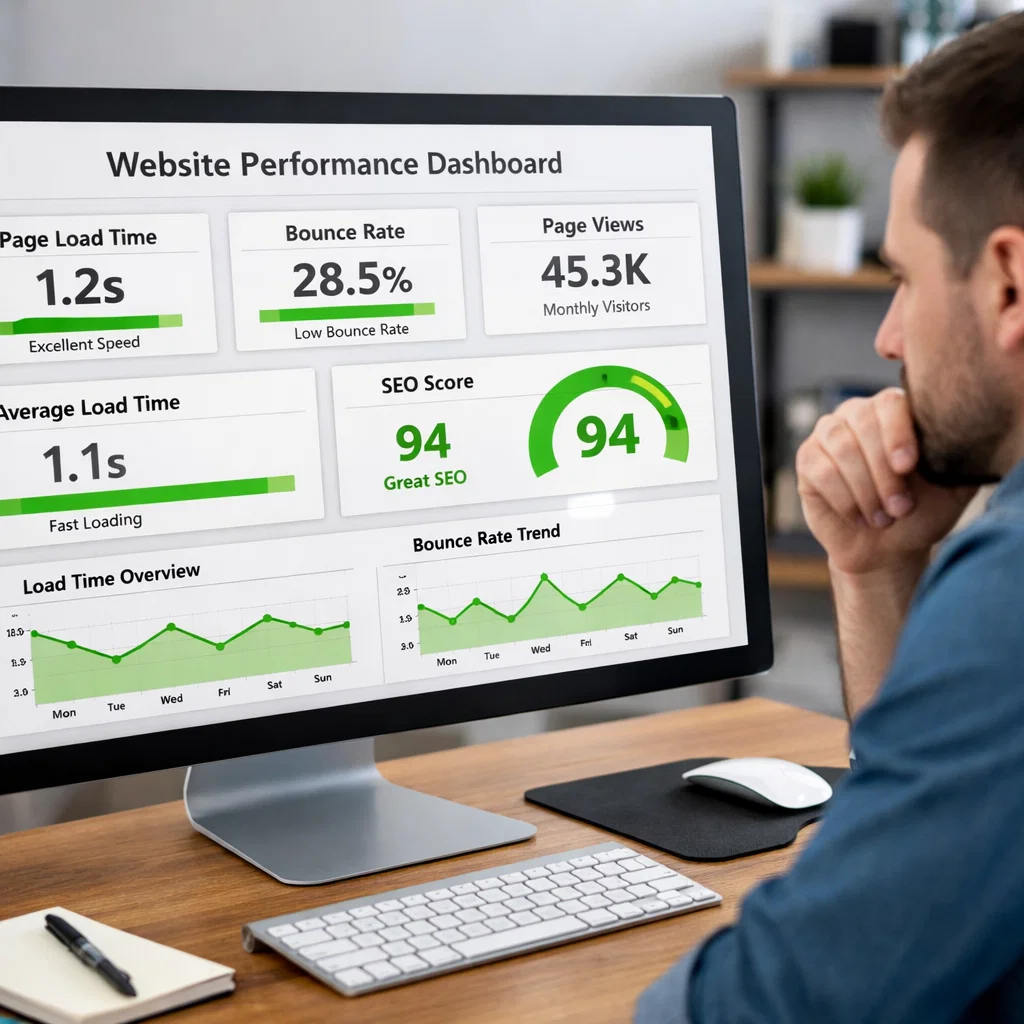 Website performance metrics on a computer screen, showing fast load times and good user experience.